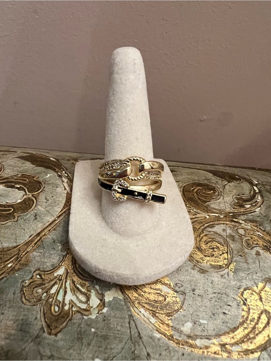 Jewelry - Gold Chain-Link Ring with Black Enamel Belt and Crystal Accents